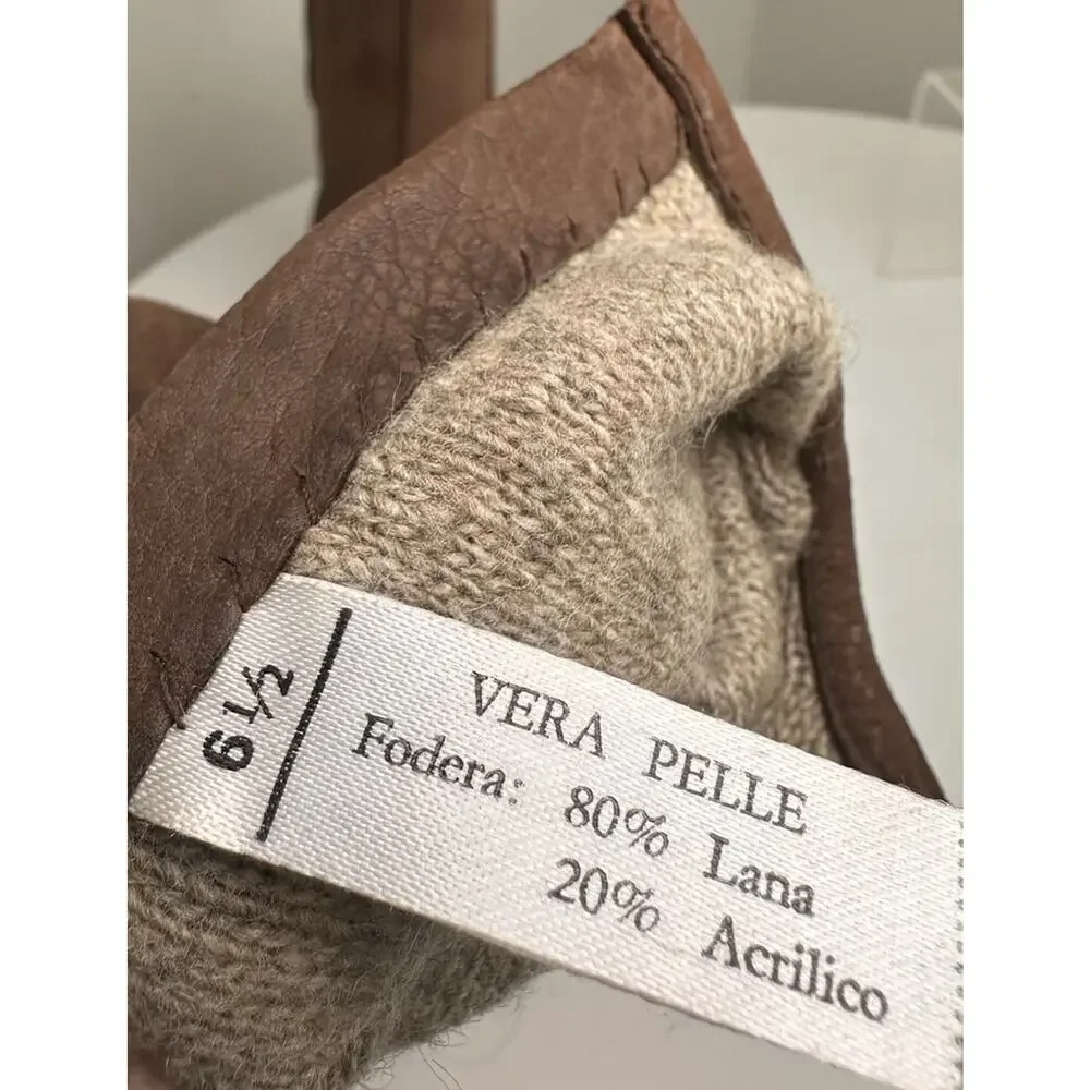Vtg Women's Soft Leather Brown Wool Lined Gloves Sz 6.5 Made In Italy‎ Winter EC